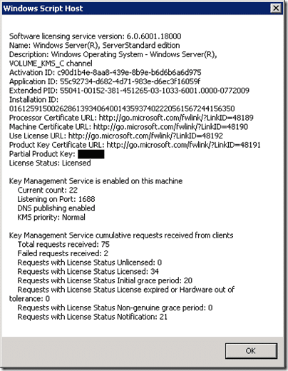 slmgr.vbs --dlv Results on a KMS