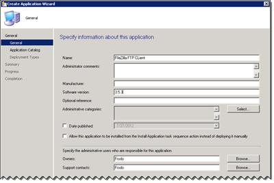 General Page of the Create Application Wizard