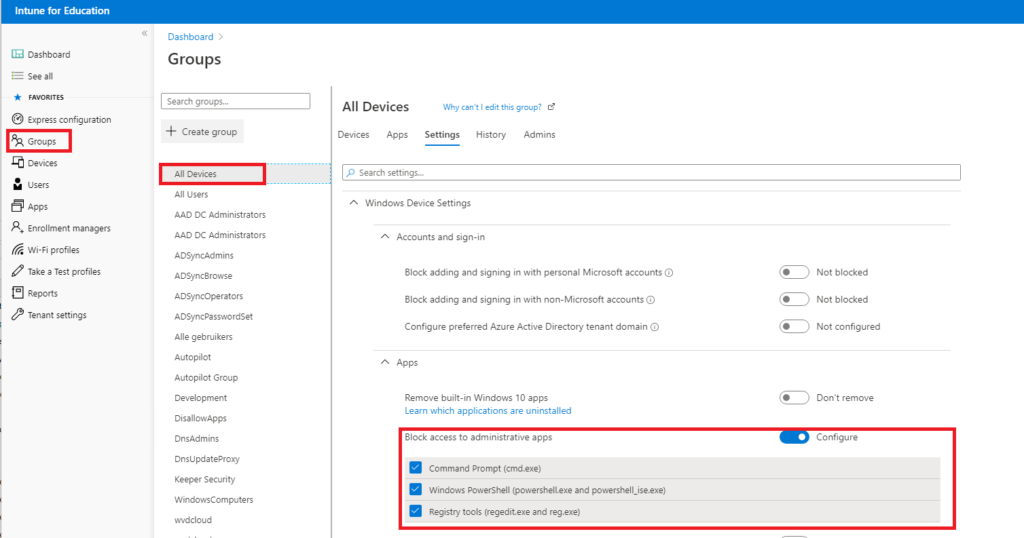 Block Access to Administrative Apps  by configuring the command prompt (cmd.exe) windows PowerShell (powershell_ise.exe) and the registry tools such as regedit and reg.exe