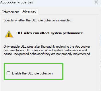 Enable the DLL rule collection in the applocker properties to be able to configure the DLL policy