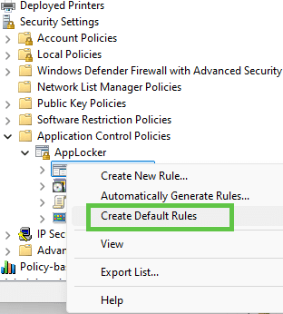 create default rules in applocker to make sure we have a baseline we could use