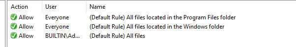 the default applocker policies are allowing executables to be launched from the windows and program files folder. ALl other locations are restricted.