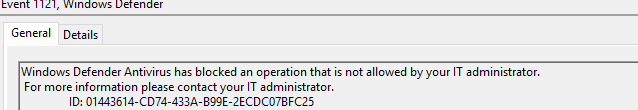 Windows Defender Event 1121 mentioning Windows Defender Antivirus has blocked an operation that is not allowed by your administrator.
With the ID 01443614-cd74-433a-b99e-2ecdc07bfc25
This ID corresponds with one of the Defender ASR Rules