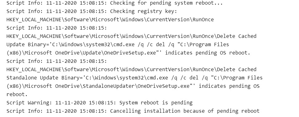 In the RunOnce registry key there is a lingering Onedrivesetup key that isn't cleared. This indicates pending os reboot / system reboot