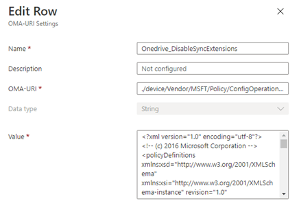 Configuring a policy to disable extensions with Onedrive