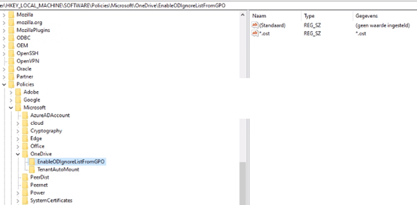 the EnableODIgnoreListFromGPO is configured in the policies and with it the ost file extension is blocked to be synced with onedrive