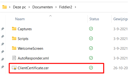 make sure the clientcertificate.cer is places in the fiddler2 folder so it can be picked up by fiddler