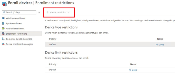 create restriction greyed out (Enrollment Restriction)