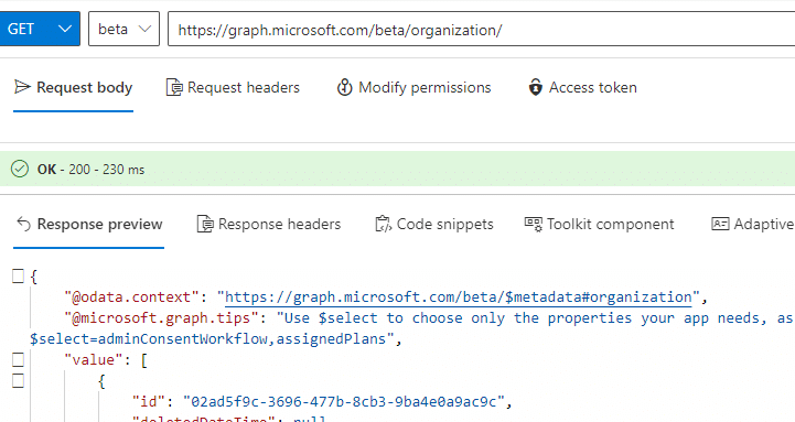 using graph explorer to fetch the tenant id we need