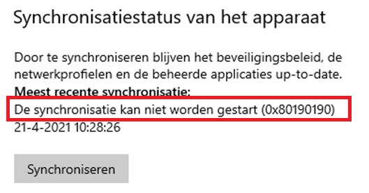 synchronisation could not be started and showing the 0x80190190 error