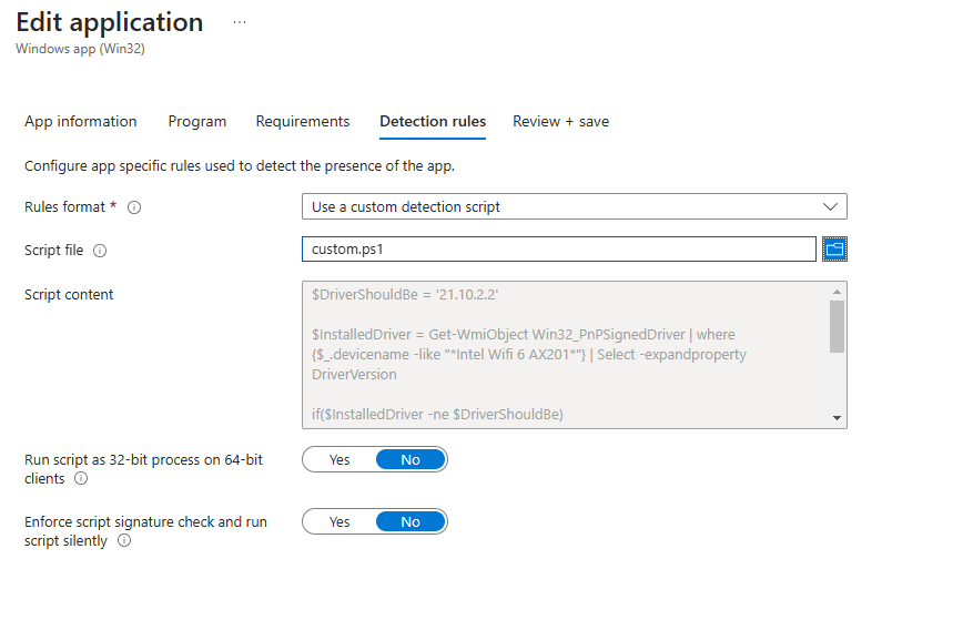 when you need to deploy drivers with intune please make sure you are also using a custom detection script to determine if the proper driver is in place