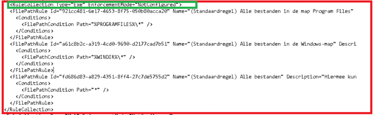 when creating every single applocker policy make sure you only use the lines between Rulecollection