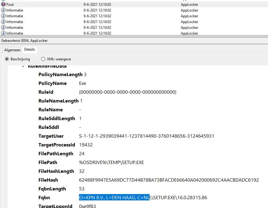 applocker event log showing the 8004 error