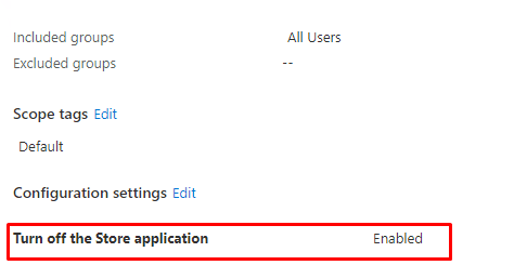 settings catalog to turn off the store application