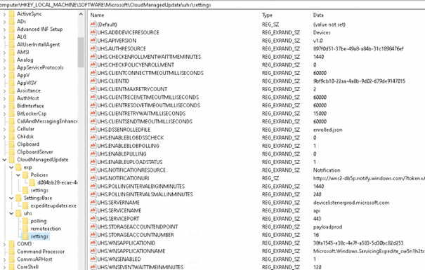 the HKEY_LOCAL_MACHINE\SOFTWARE\Microsoft\CloudManagedUpdate\uhs\settings shows me the uhs.servername is configured to wufb-ds