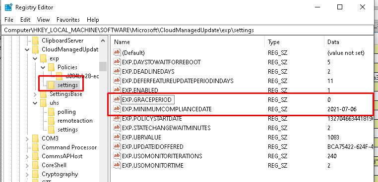 When looking at this registry key, I noticed the same two settings  (EXP.graceperiod and EXP.Minimumcompliancedate) we specified in the Quality Update preview