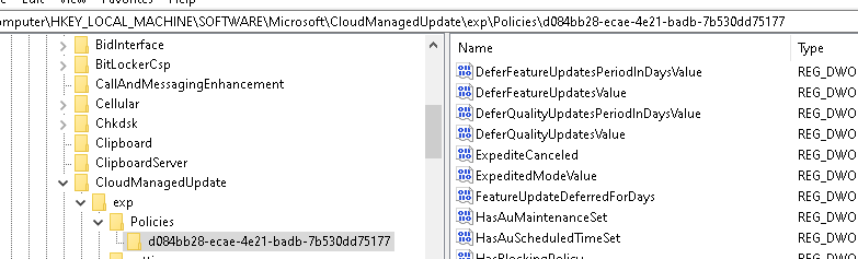 Software\Microsoft\CloudMangedUpdate\Exp\Policies is also created with all of the update policies inside