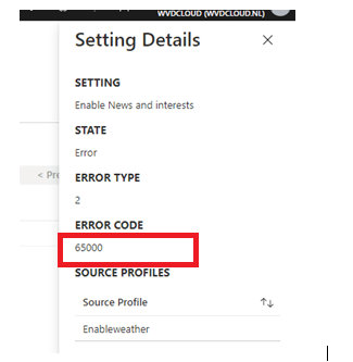 the settings policy enable new and interest showing the error code 65000