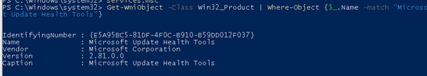 using powershell command: Get-WmiObject -Class Win32_Product | Where-Object {$_.Name -match "Microsoft Update Health Tools"} to found out if the update health toolls are installed