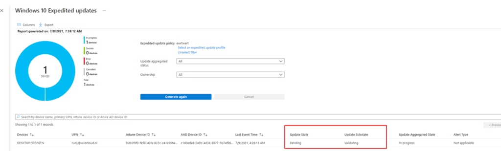 the update status is now showing that it is pending and validating the device