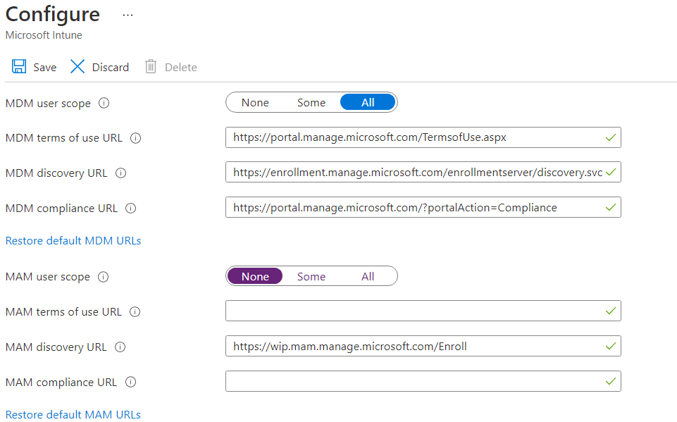 Configuring the MDM MAM Scope
for auto enrollment
