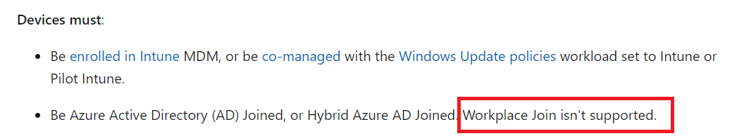 Feature updates are not supported for Entra registered devices