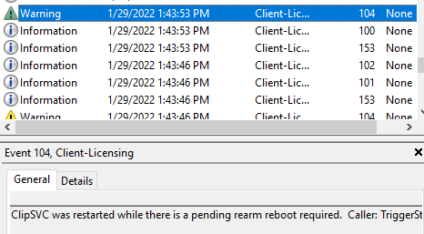 Client-Licensing event log showing all the event that corrospond with the subscription activation licensing