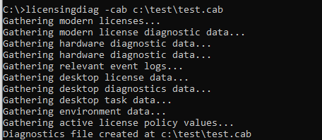 creating a licensing diagnostic cab file by using the command licensingdiag -cab 