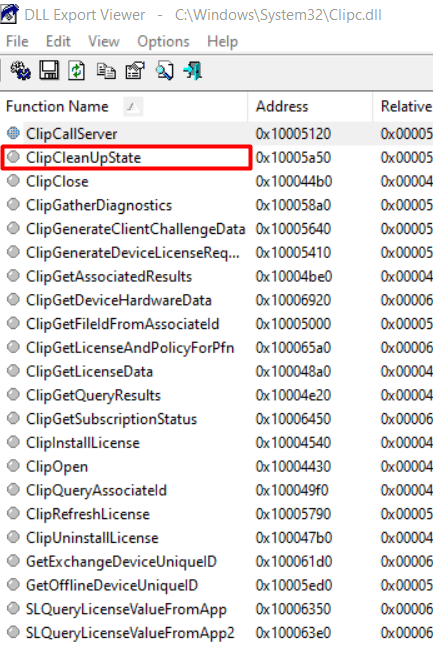 export of clipc.dll showing the clipcleanupstate function