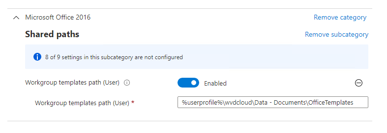 configuring the workgroup templates settings catalog policy to define the office templates folder that is stored in onedrive