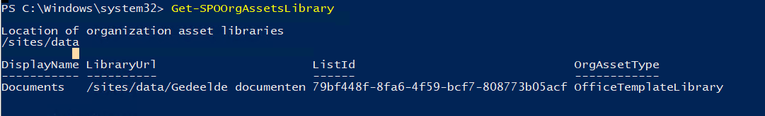 running the Get-SPOOrgAssetsLibrary powershell command get get the office library /site