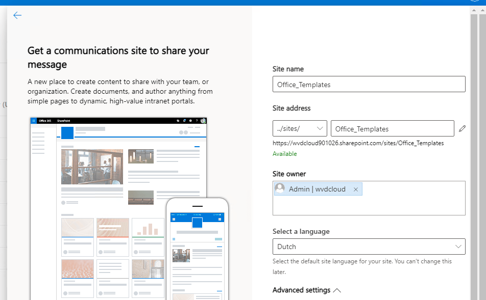 creating a new communication site in sharepoint we are going to use as office templates folder