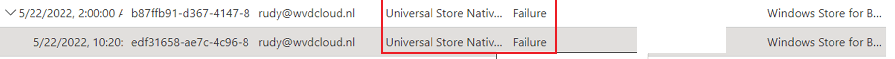 the sign in entra log showing that the universal store app api was unable to login