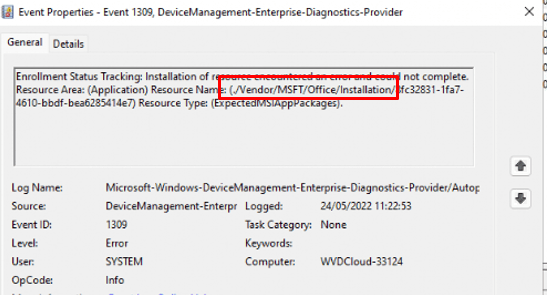 event 1309 showing the enrollment status tracking of the office installation