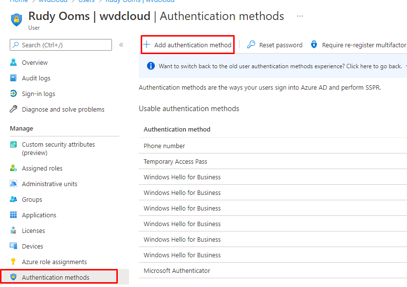 adding an authentication method and selecting temporary access pass