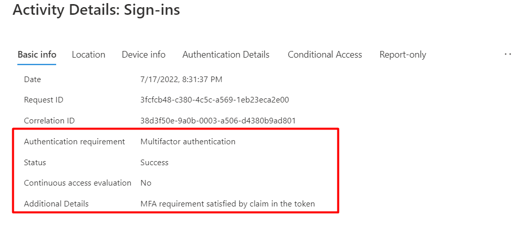 the sign in logs showing the mfa requirement satisfied by cliam in the token