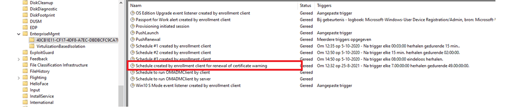 schedule created by enrollment for renewal of certificate warning