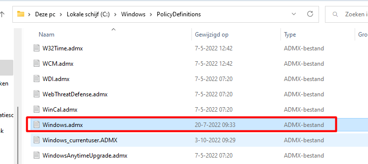 the windows.admx is located in the c:\windows\policydefinitions folder