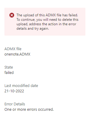 admx upload had faild. One or more error occurred