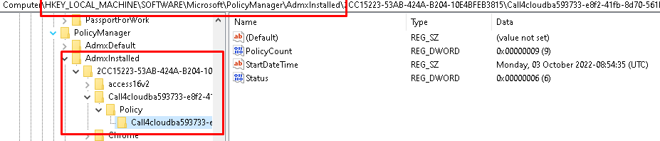 checking out if the converted registry settings to admx showed up in the hkey_current_user registry aftre importing and assigning the admx in intune