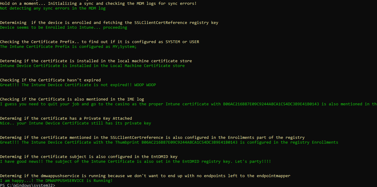 running the intune sync debug tool kit 