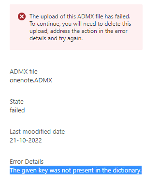 uploading / import the admx file has failed. The givn key was not present in the directory