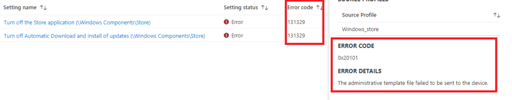 The error below mentions that the upload of this ADMX has failed the administrative template file failed to be sent to the device