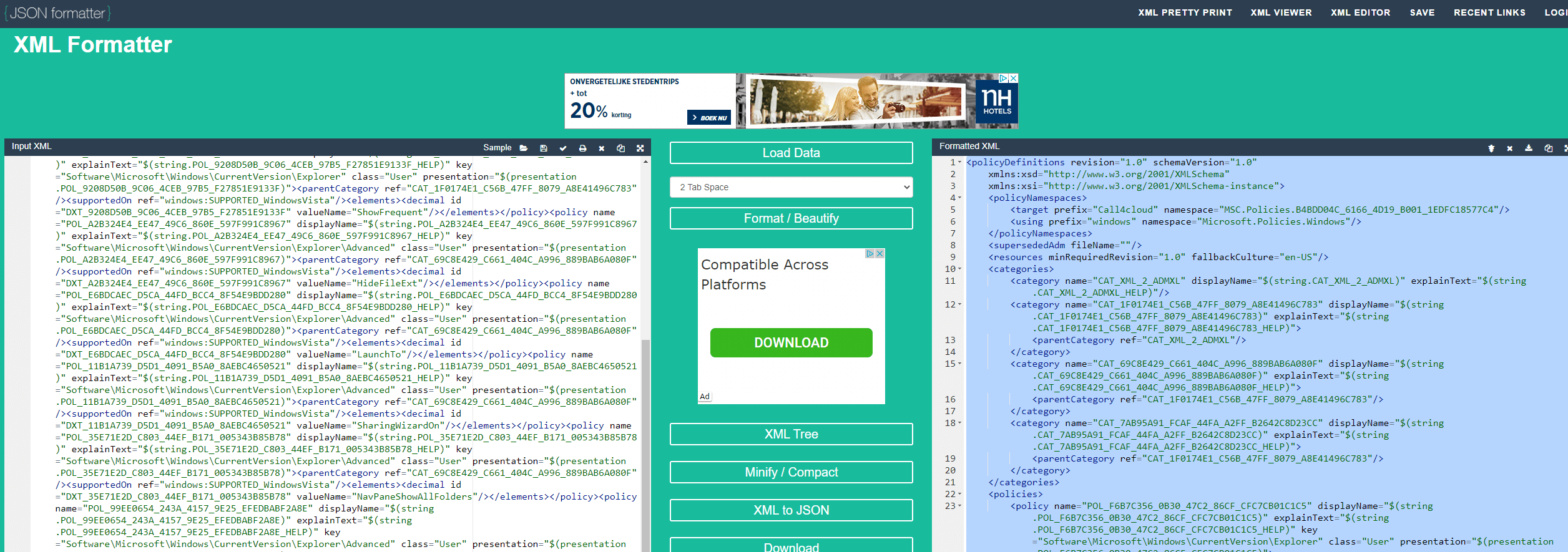 using the xml formatter to find out if the admx template | adml template is successful