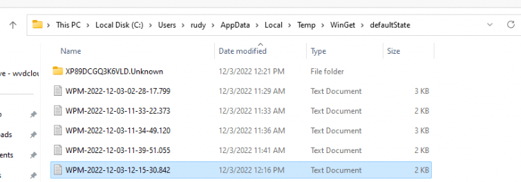 winget event logs can be found in the user local temp winget default state folder