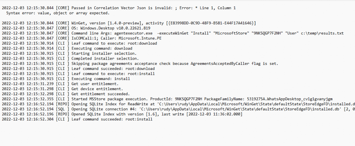 the winget event log showing us each step of the installatio process