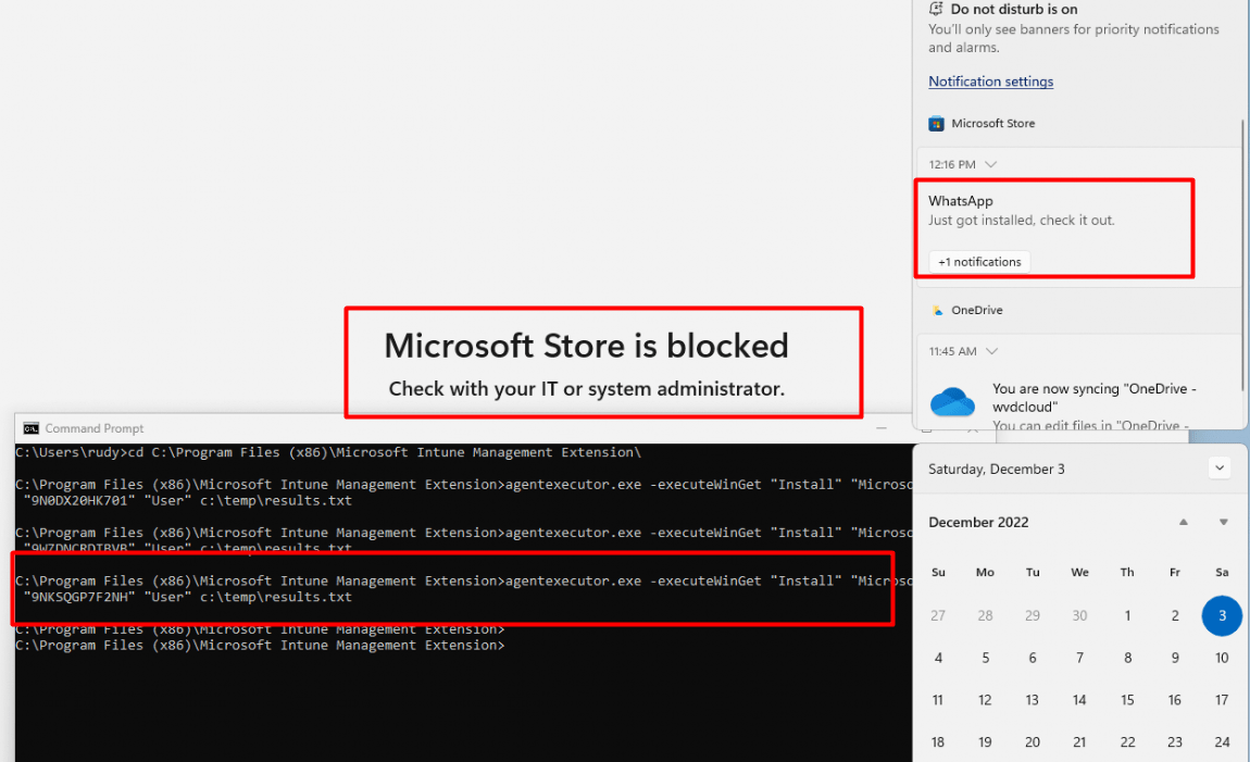 the microsoft store is blocked but i could still leverage the intune management extension to install the winget app on my own by using the agentexecutor.