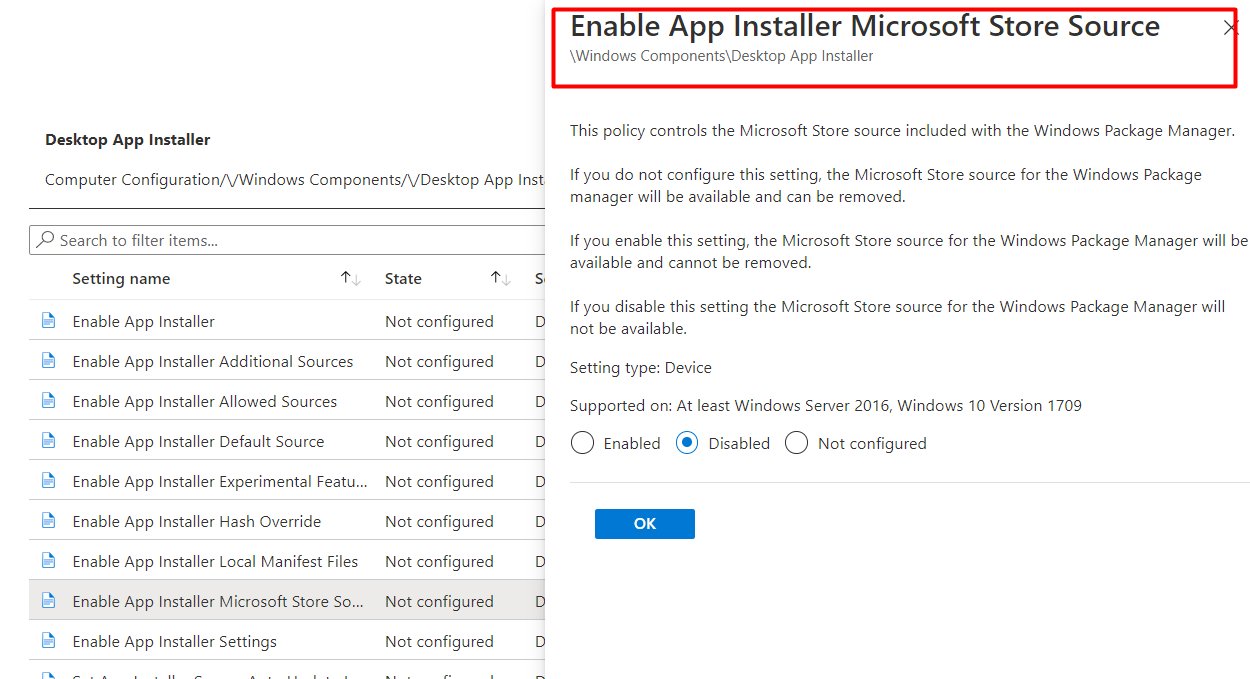 configuring the enable app installer microsoft source with an intune policy