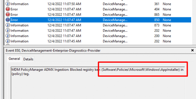 event 850 corrosponds with the 0x20101 we got in Intune. This means: blocked registry key