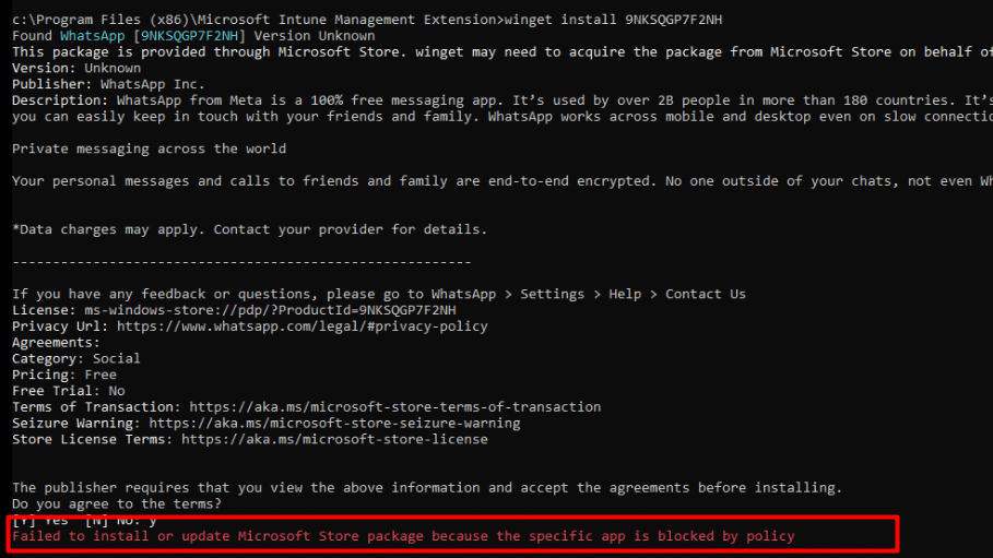 winget install command showing us that it failed to isntall or update microsoft store package because the specific app is blocked by policy